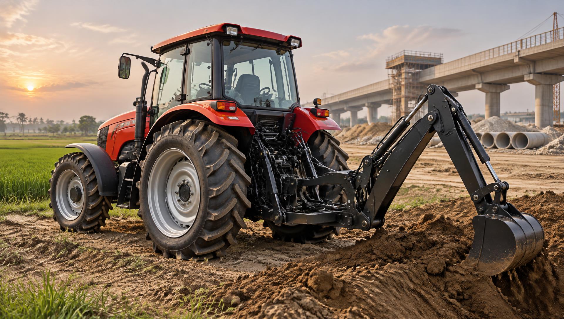 Tractor with hydraulic attachment working beside a farm and construction site